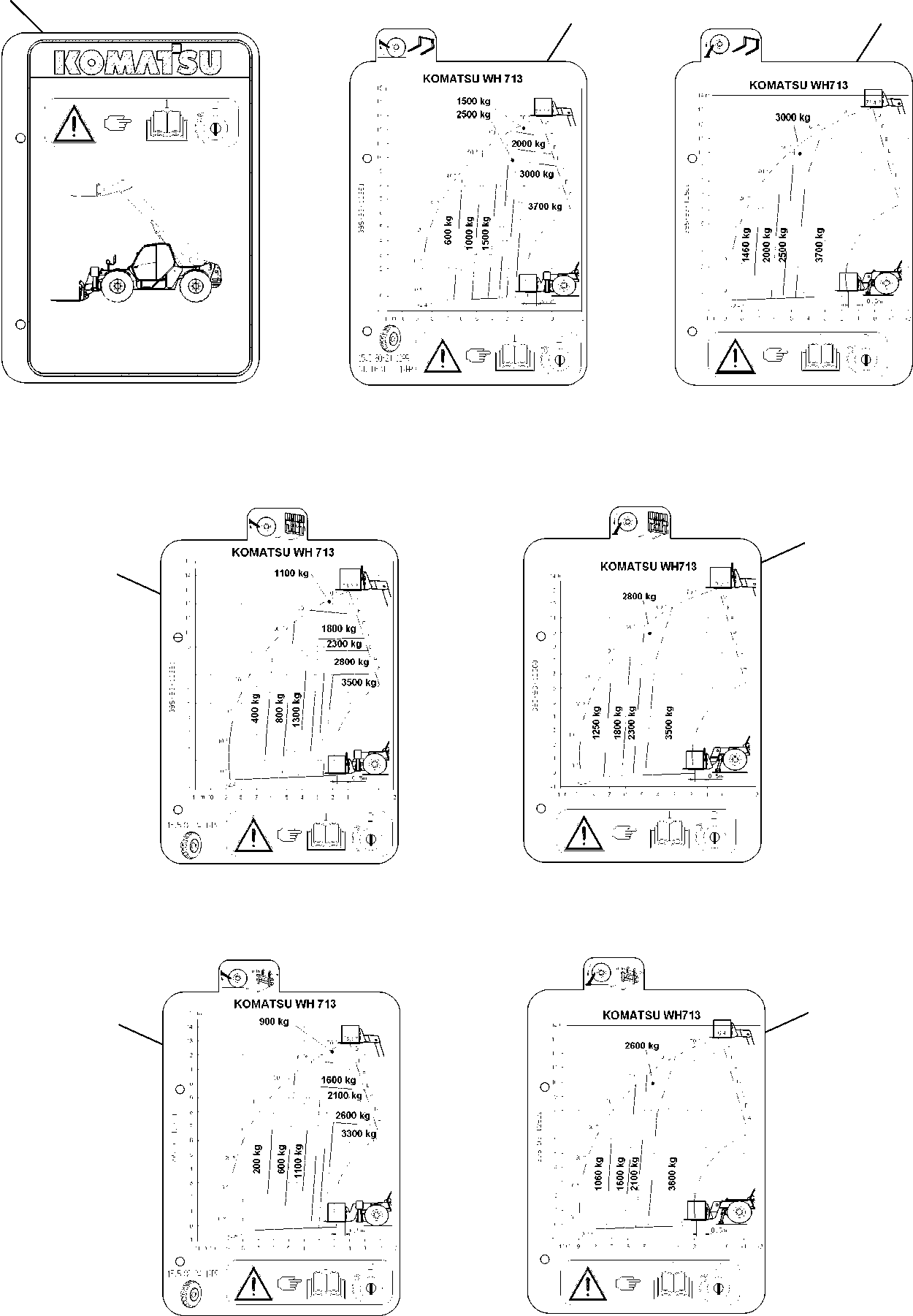 Telescopic Handlers Komatsu / WH713-1 WH714-1 WH714H-1 WH716-1 S/N 395F70241-Up(wh7_1) / LOAD CHART (WITH STANDARD FORKS AND WHEELS 15.5/80-24 14PR) (WH713)(H-0070 : 9060)